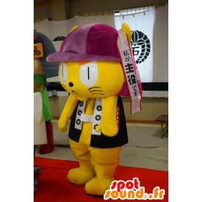 Mascotte de chat samouraï jaune, avec un casque violet - MASFR25640 - Mascottes Yuru-Chara Japonaises