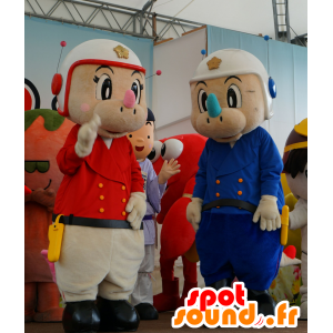 2 mascottes de rhinocéros, en uniformes rouge et bleu de policier - MASFR25659 - Mascottes Yuru-Chara Japonaises