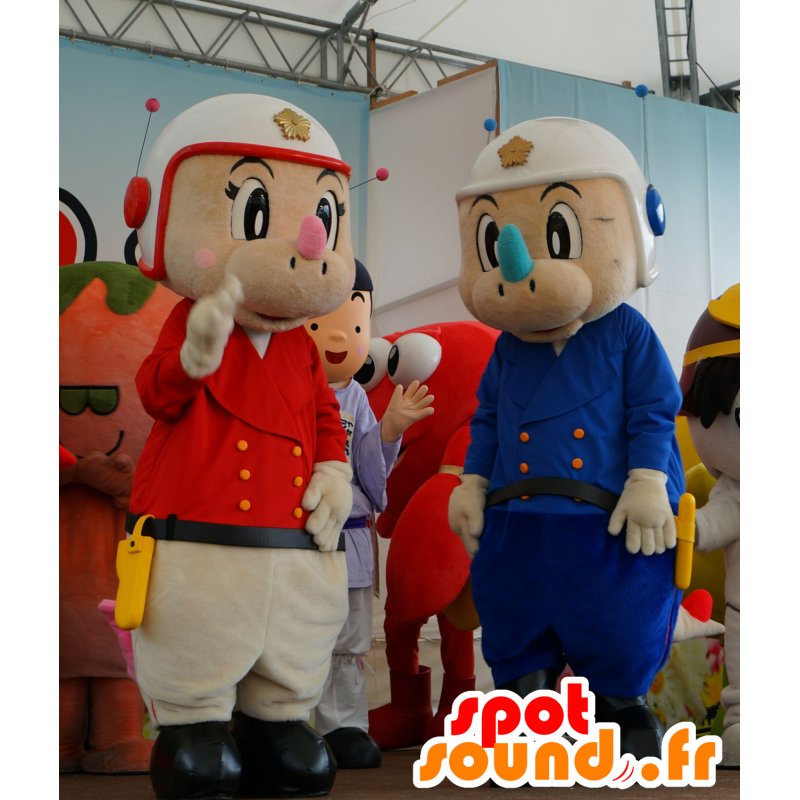 2 mascotas de rinoceronte en uniformes de la policía rojo y azul - MASFR25659 - Yuru-Chara mascotas japonesas