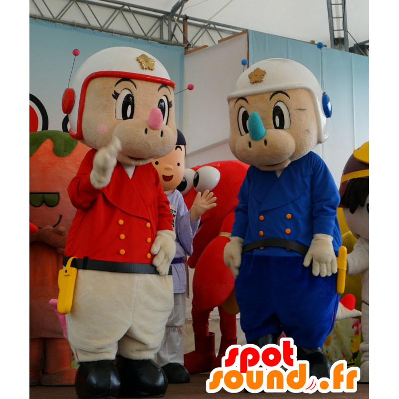 2 mascotte rhino in uniformi della polizia rosso e blu - MASFR25659 - Yuru-Chara mascotte giapponese