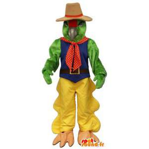 Mascote pássaro vestido vestido de cowboy verde e amarelo - MASFR006813 - aves mascote