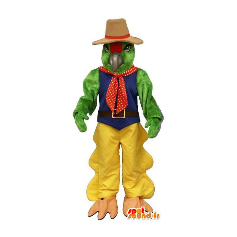 Uccello mascotte vestita in abito da cowboy verde e giallo - MASFR006813 - Mascotte degli uccelli