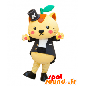 Hapinyan maskot, gul och orange katt klädd i svart dräkt -