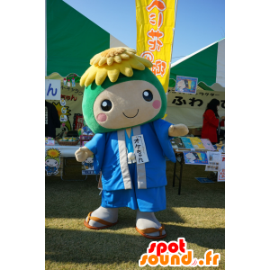 Mascot blue and green man, with a yellow flower - MASFR25676 - Yuru-Chara Japanese mascots