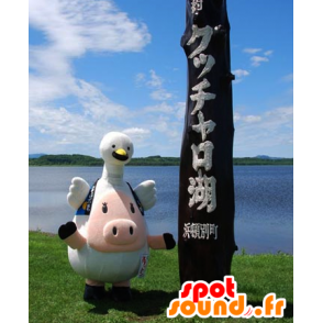 Suwatton μασκότ, γουρούνι, με ένα λευκό πουλί στο κεφάλι - MASFR25686 - Yuru-Χαρά ιαπωνική Μασκότ