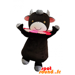 Maskot Kosumoo, černá a růžová kráva, roztomilý a slavnostní - MASFR25697 - Yuru-Chara japonské Maskoti