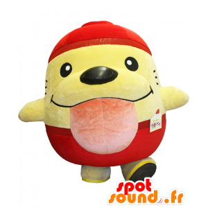 Mascotte d'Umabe, chien jaune, habillé en rouge qui tire la langue - MASFR25700 - Mascottes Yuru-Chara Japonaises