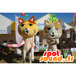 2 Nekkoro mascots, yellow and brown cats, giant - MASFR25733 - Yuru-Chara Japanese mascots