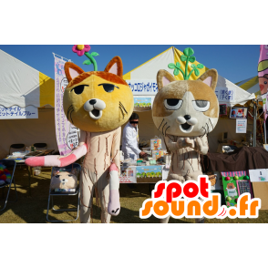 2 mascottes Nekkoro, geel en bruin katten, reuze - MASFR25733 - Yuru-Chara Japanse Mascottes