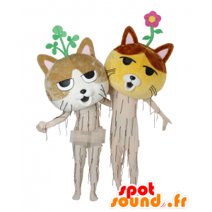 2 Nekkoro mascots, yellow and brown cats, giant - MASFR25733 - Yuru-Chara Japanese mascots