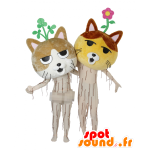 2 mascottes Nekkoro, geel en bruin katten, reuze - MASFR25733 - Yuru-Chara Japanse Mascottes