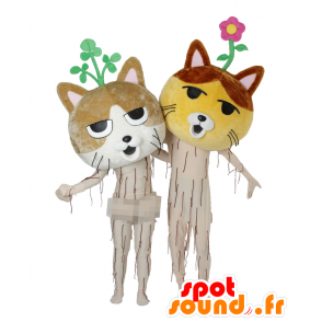 2 mascottes Nekkoro, geel en bruin katten, reuze - MASFR25733 - Yuru-Chara Japanse Mascottes