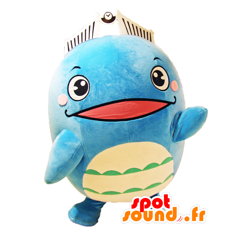 Shimorun maskot, stor blå fisk, med en krona - Spotsound maskot