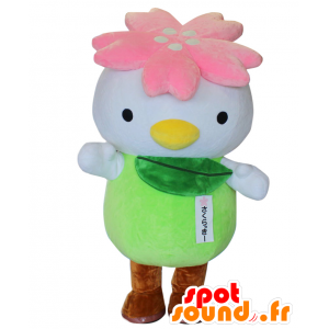 Mascot Sakulucky, valkoinen lintu, pinkki ja vihreä kukka - MASFR25739 - Mascottes Yuru-Chara Japonaises