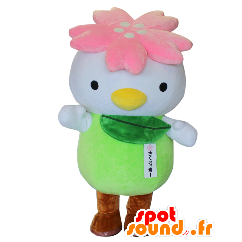 Mascotte de Sakulucky, oiseau blanc, fleur rose et verte - MASFR25739 - Mascottes Yuru-Chara Japonaises