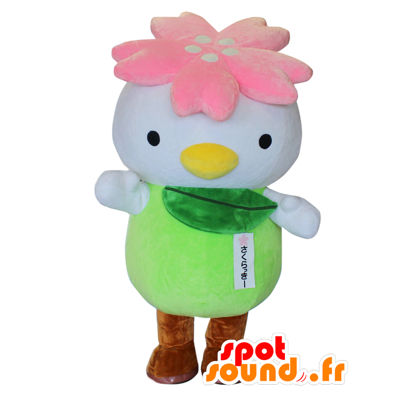 Mascot Sakulucky, pássaro branco, rosa e verde da flor - MASFR25739 - Yuru-Chara Mascotes japoneses