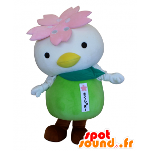 Mascot Sakulucky, pássaro branco, rosa e verde da flor - MASFR25739 - Yuru-Chara Mascotes japoneses