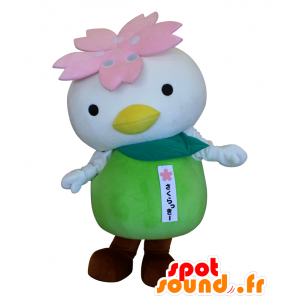 Maskot Sakulucky, bílý pták, růžové a zelené květiny - MASFR25739 - Yuru-Chara japonské Maskoti