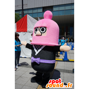 Mascotte de bonhomme habillé en noir, avec une cagoule rose - MASFR25749 - Mascottes Yuru-Chara Japonaises