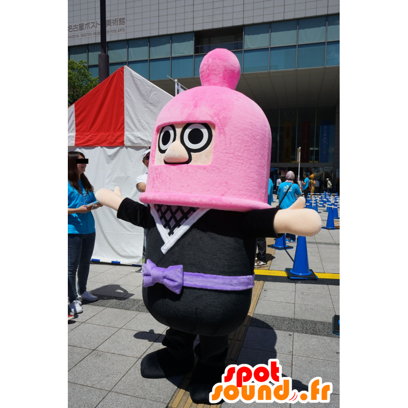 Mascotte de bonhomme habillé en noir, avec une cagoule rose - MASFR25749 - Mascottes Yuru-Chara Japonaises