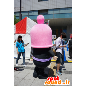 Sneeuwman mascotte in het zwart gekleed met een roze kap - MASFR25749 - Yuru-Chara Japanse Mascottes