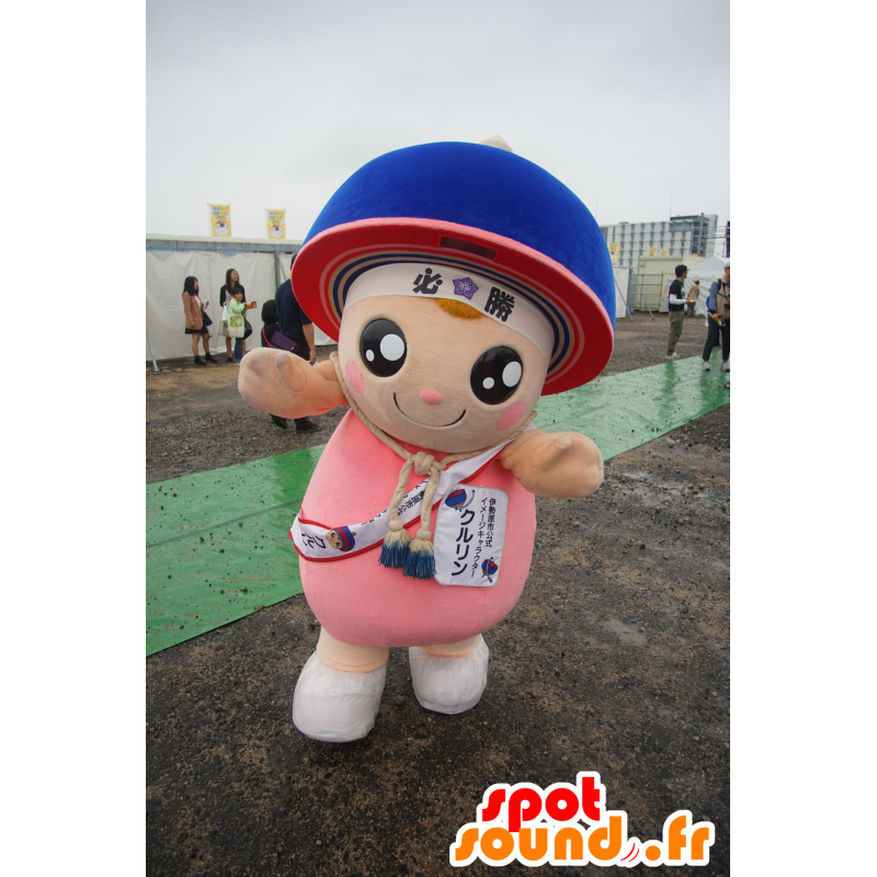 Mascot Kururin, caráter rosa com um capacete azul - MASFR25771 - Yuru-Chara Mascotes japoneses