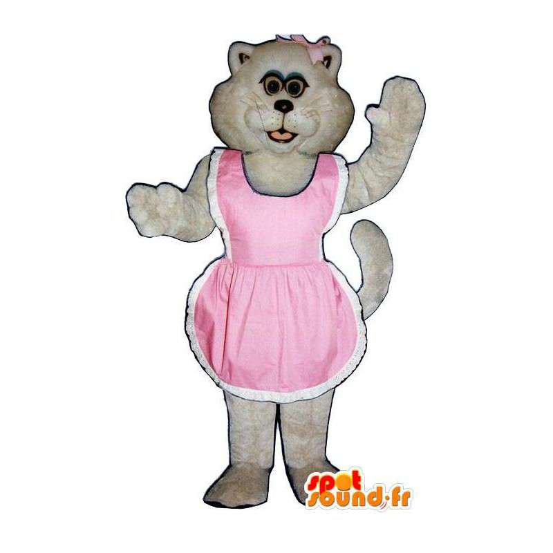 Hvit katt maskot i rosa kjole - MASFR006828 - Cat Maskoter