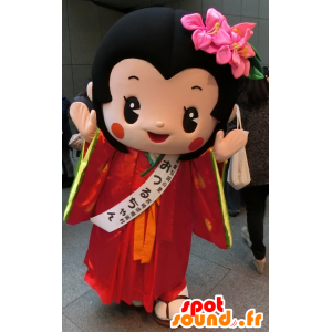 Mascotte d'Otsuru chan, fille asiatique, vêtue d'une tenue rouge - MASFR25791 - Mascottes Yuru-Chara Japonaises