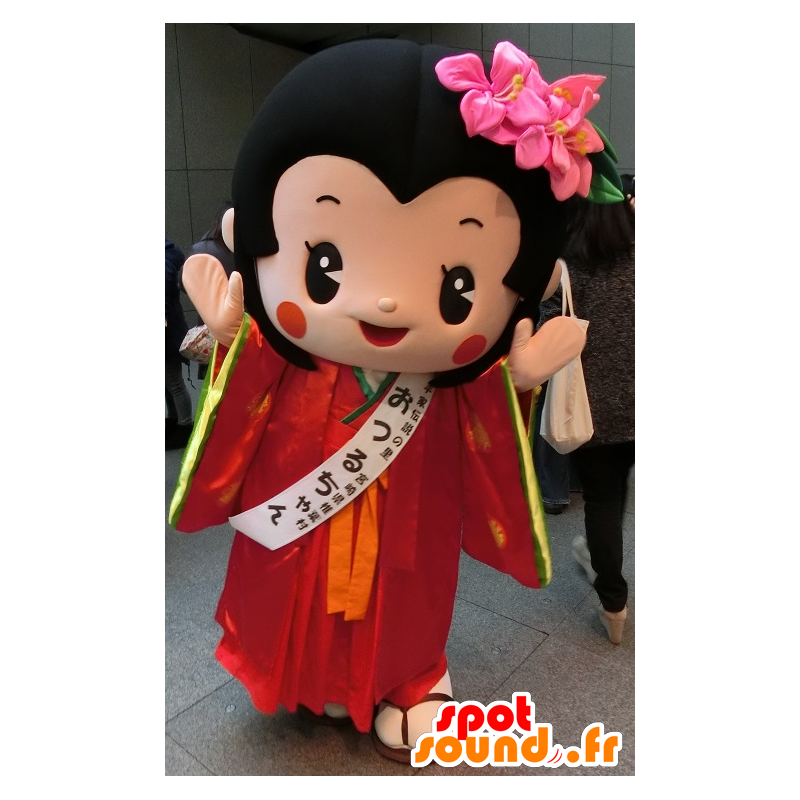 Mascotte d'Otsuru chan, fille asiatique, vêtue d'une tenue rouge - MASFR25791 - Mascottes Yuru-Chara Japonaises