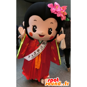 Maskot Otsuru chan, asiatisk tjej, klädd i en röd outfit -