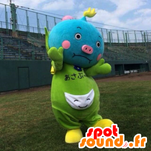 Mascot Asabu, blauw varken, groen en roze - MASFR25841 - Yuru-Chara Japanse Mascottes