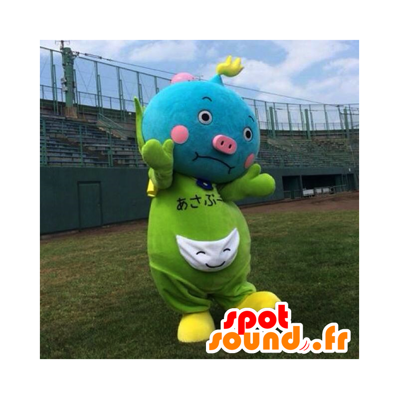 Mascot Asabu, blauw varken, groen en roze - MASFR25841 - Yuru-Chara Japanse Mascottes