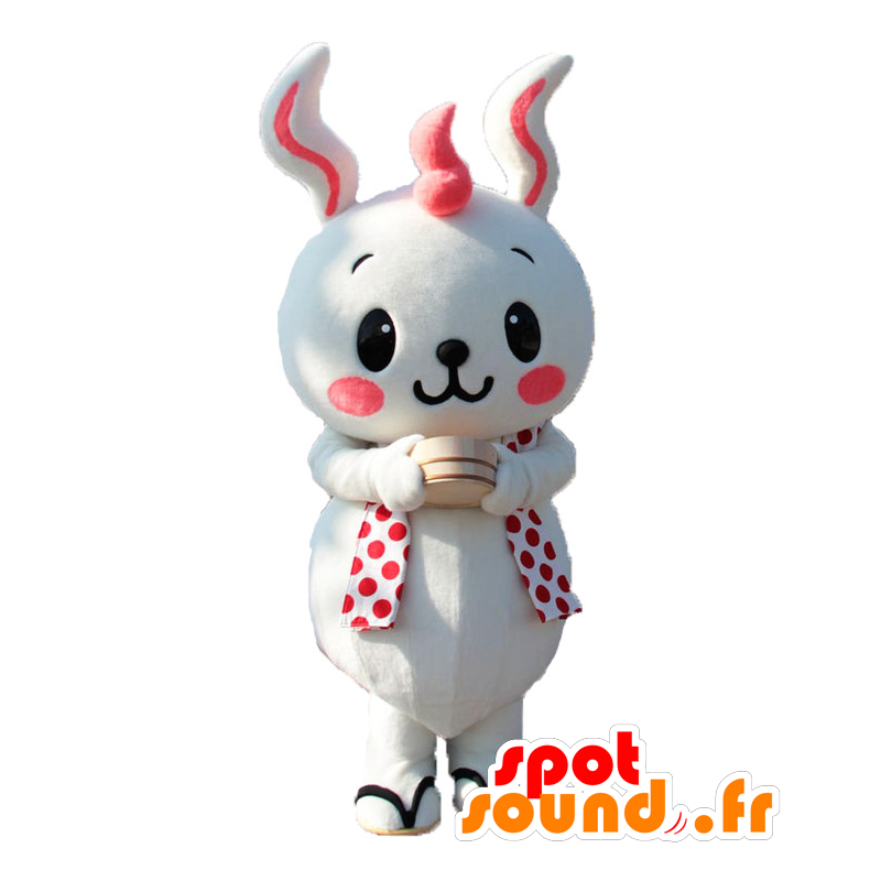 Beppyon mascotte, coniglio, bianco e rosa, pois - MASFR25853 - Yuru-Chara mascotte giapponese