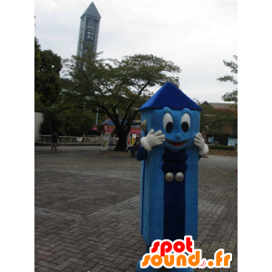 Higashi-kun Yama maskot, kæmpe blåt tårn, skyskrabere -