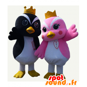 Doppi och Gawa maskotar, vackra fåglar, en svart och en rosa -
