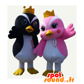 Doppi och Gawa maskotar, vackra fåglar, en svart och en rosa -