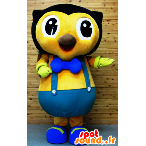 Mascot black and yellow owl in blue overalls - MASFR25876 - Yuru-Chara Japanese mascots