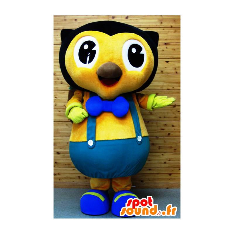 Mascota del búho negro y amarillo con un mono azul - MASFR25876 - Yuru-Chara mascotas japonesas