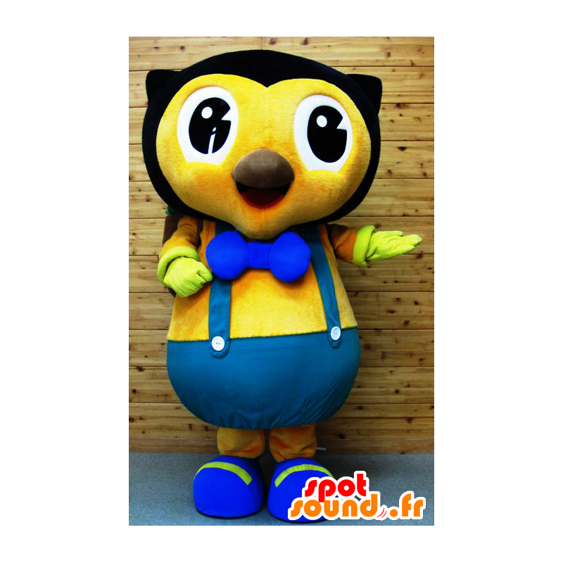 Mascot black and yellow owl in blue overalls - MASFR25876 - Yuru-Chara Japanese mascots