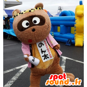 Mascotte d'ours, de panda marron, avec une veste rose - MASFR25887 - Mascottes Yuru-Chara Japonaises
