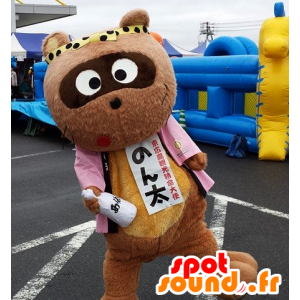 Mascot bjørn, brun panda med en rosa jakke - MASFR25887 - Yuru-Chara japanske Mascots