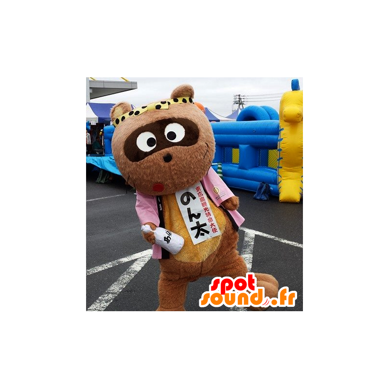 Mascotte d'ours, de panda marron, avec une veste rose - MASFR25887 - Mascottes Yuru-Chara Japonaises
