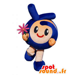 Mascot Tokki, pyöreä mies, sininen ja beige, pitämällä kukka - MASFR25891 - Mascottes Yuru-Chara Japonaises