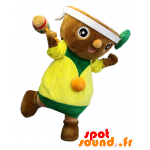 Mascotte de Currently kun, bol marron, en tenue verte et jaune - MASFR25895 - Mascottes Yuru-Chara Japonaises