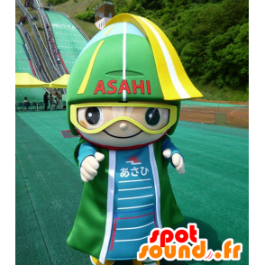 Asahi maskot, snögubbe med en grön hjälm och glasögon -