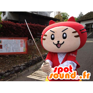 Pussy Maru maskot, kat i rødt og hvidt tøj - Spotsound maskot