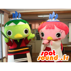 2 kleurrijke vogels mascottes, een roze en een groene - MASFR25916 - Yuru-Chara Japanse Mascottes