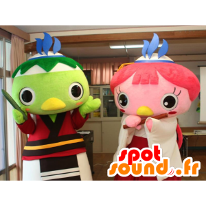 2 mascottes d'oiseaux colorés, un rose et un vert - MASFR25916 - Mascottes Yuru-Chara Japonaises