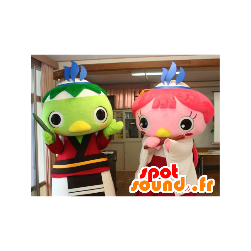 2 kleurrijke vogels mascottes, een roze en een groene - MASFR25916 - Yuru-Chara Japanse Mascottes