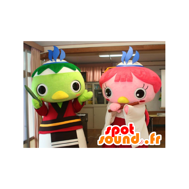2 mascots of colorful birds, pink and green - MASFR25916 - Yuru-Chara Japanese mascots